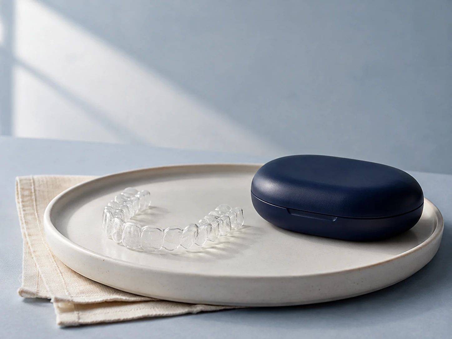 An illustrative clear aligner and indigo retainer case on a ceramic tray