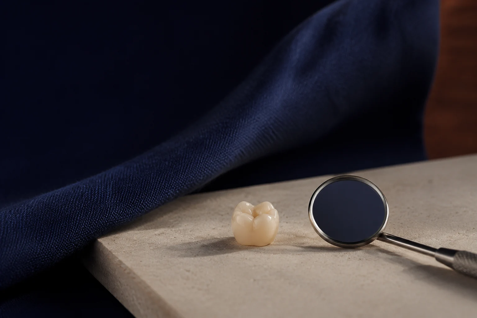 Dental porcelain and a mirror in an illustrative material study