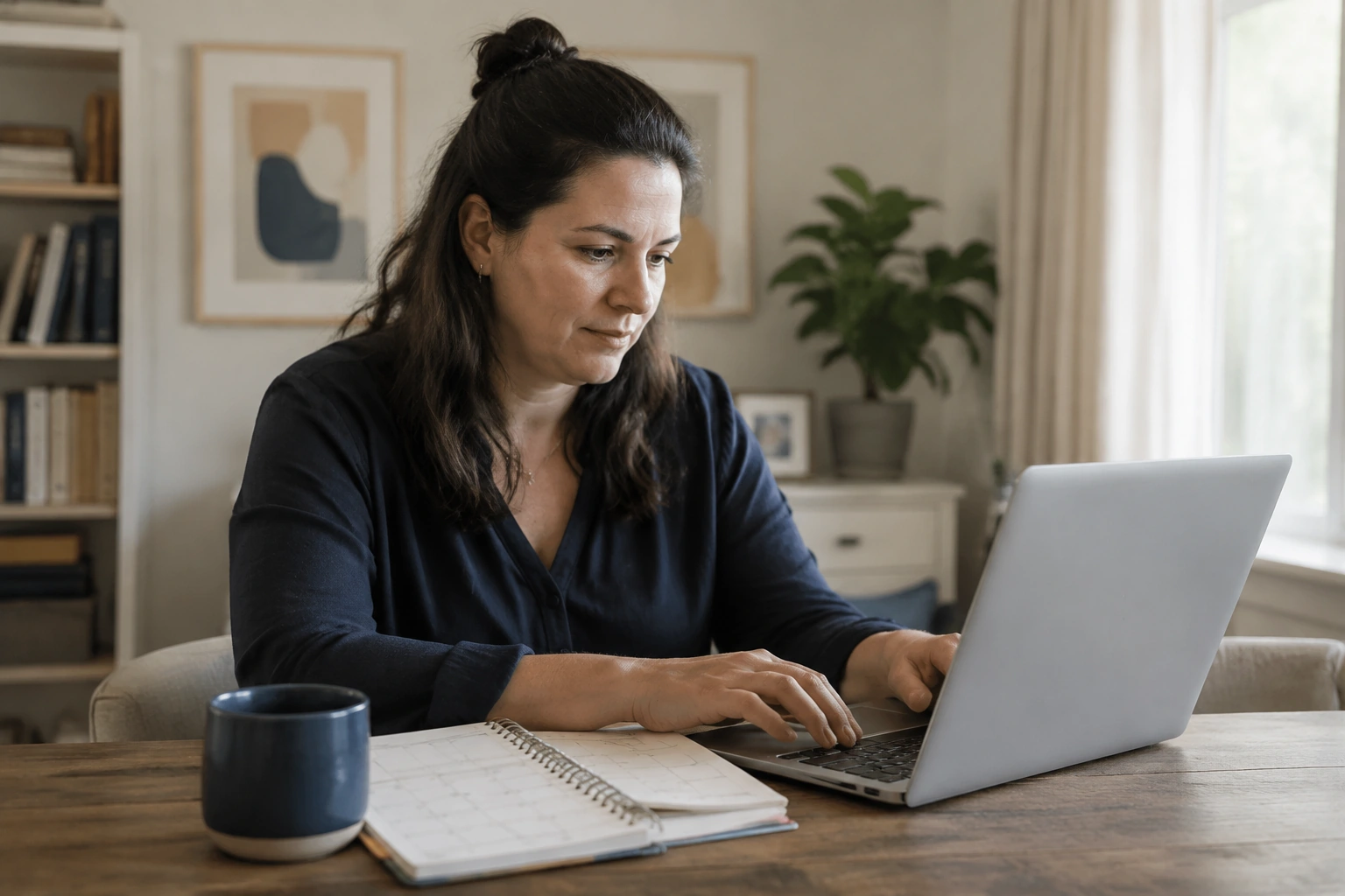 An adult woman’s hands using a laptop beside a calendar and a blue coffee cup at home.
