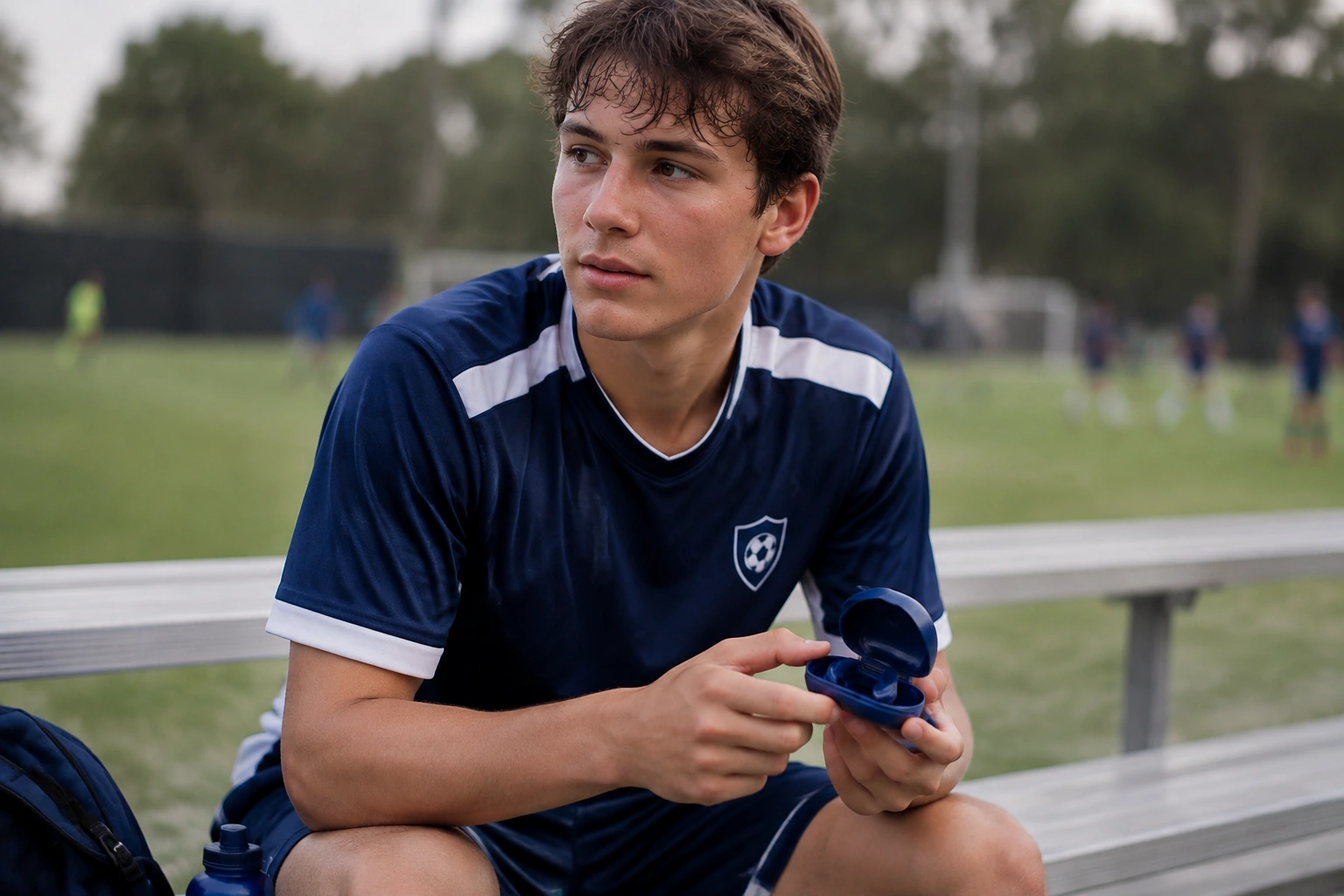 A teenage boy in a navy soccer jersey sitting on a field bench after practice.