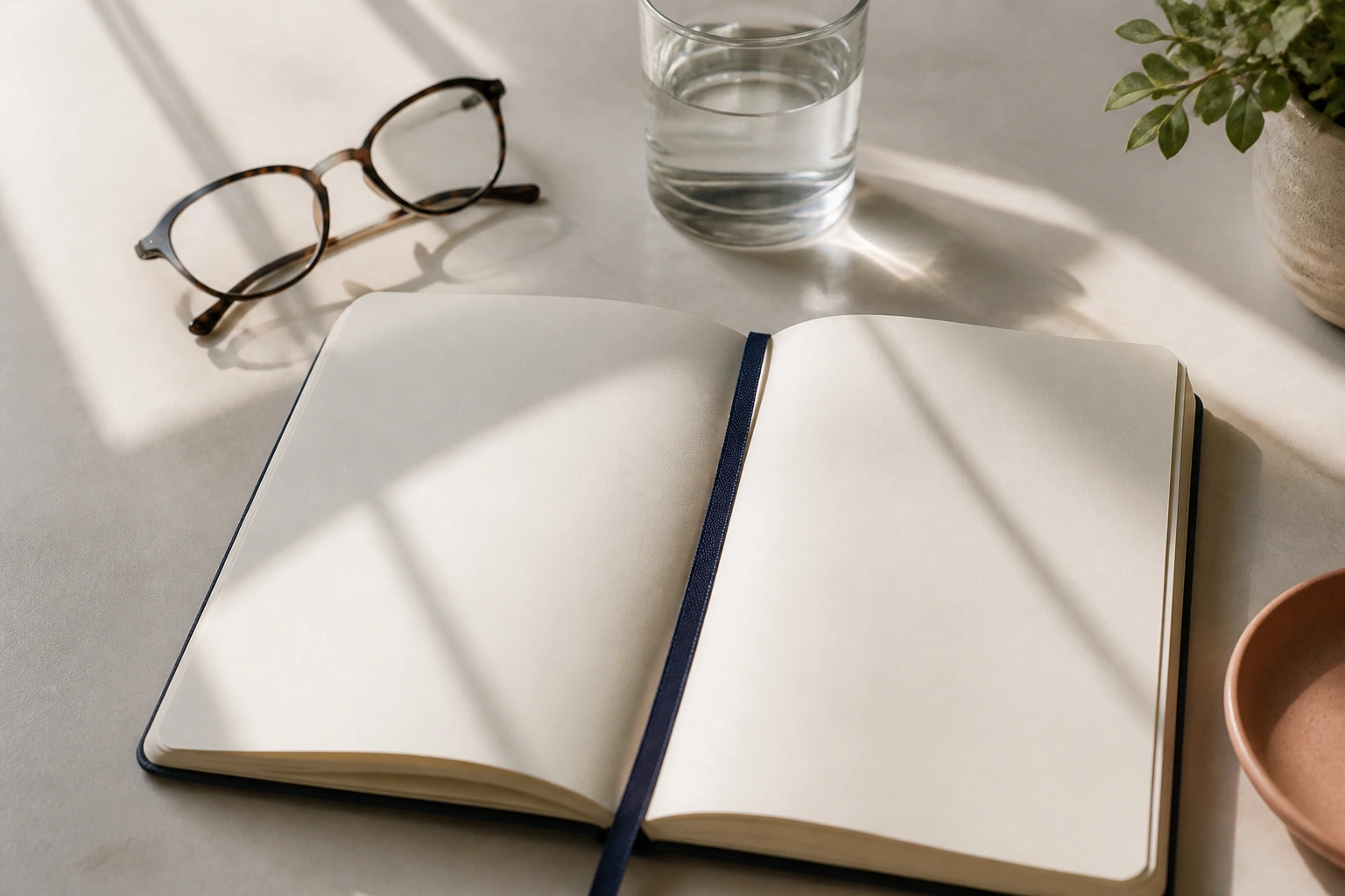 An open blank cream notebook with a dark blue bookmark.
