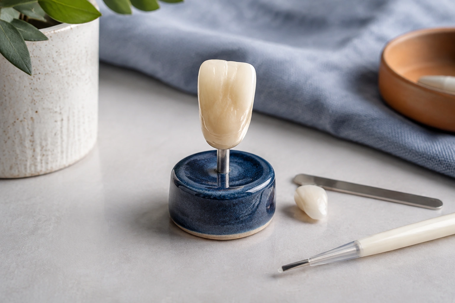 A single intact incisor teaching model on a blue ceramic stand beside a composite shade sample and capped modeling tool.