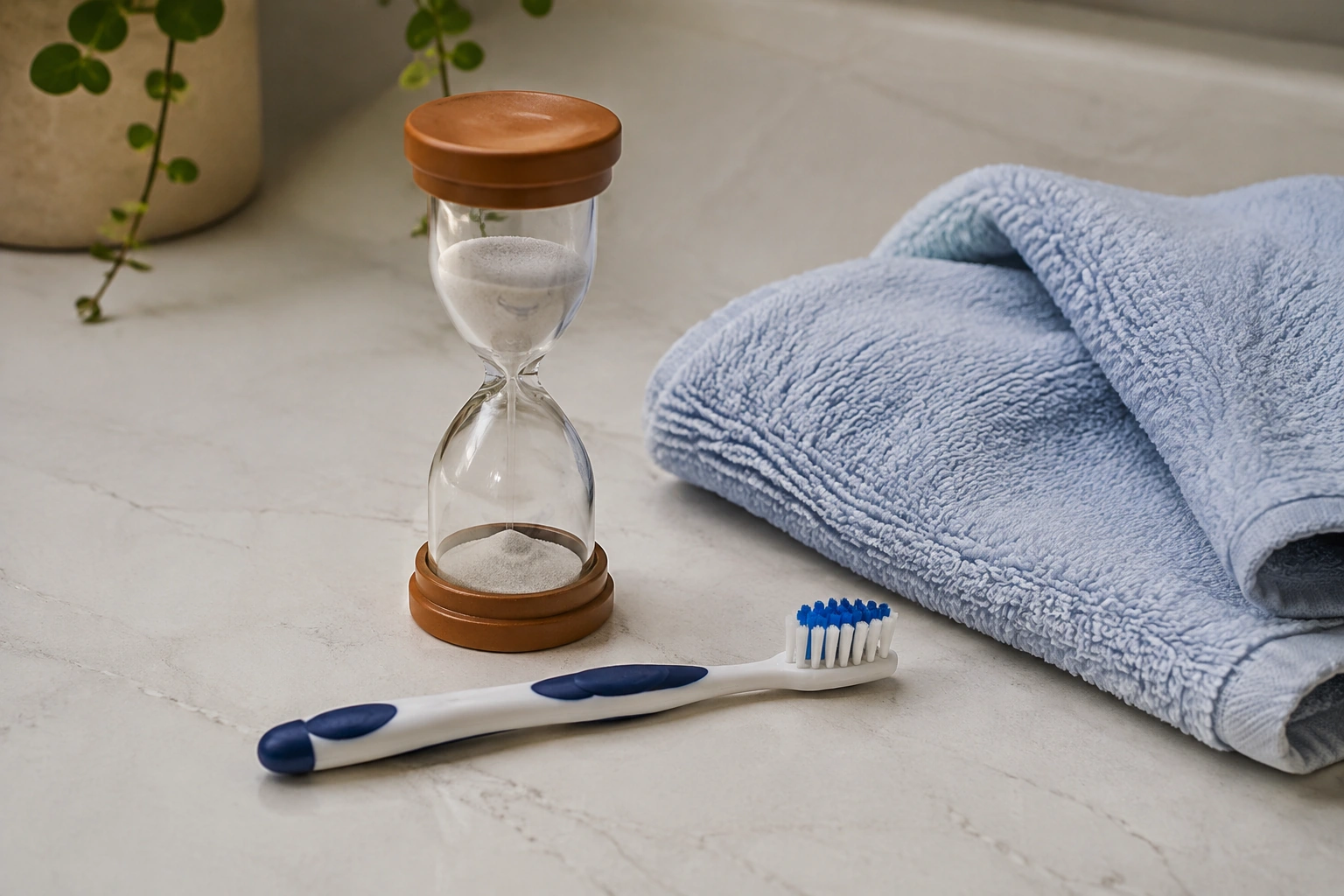 Close still life of a small child-sized toothbrush beside a sand timer and a folded pale-blue washcloth.
