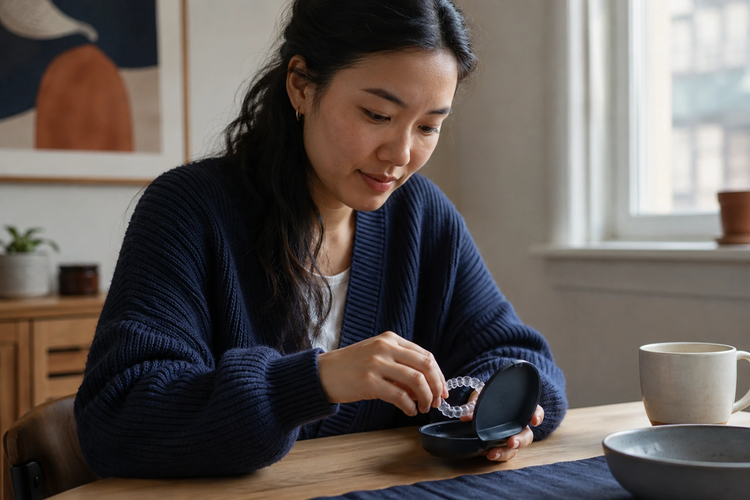 A woman in her twenties placing a translucent aligner into a navy case at her apartment dining table.