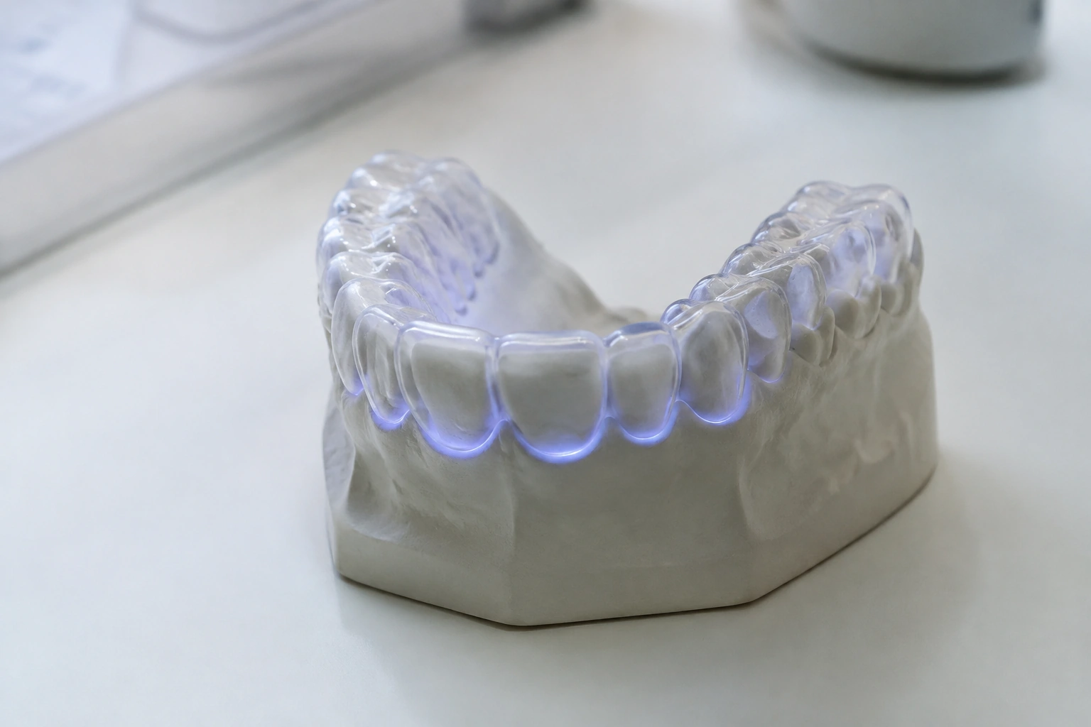 Close-up of one transparent upper dental aligner resting on a realistic dental cast with blue light through its edge.
