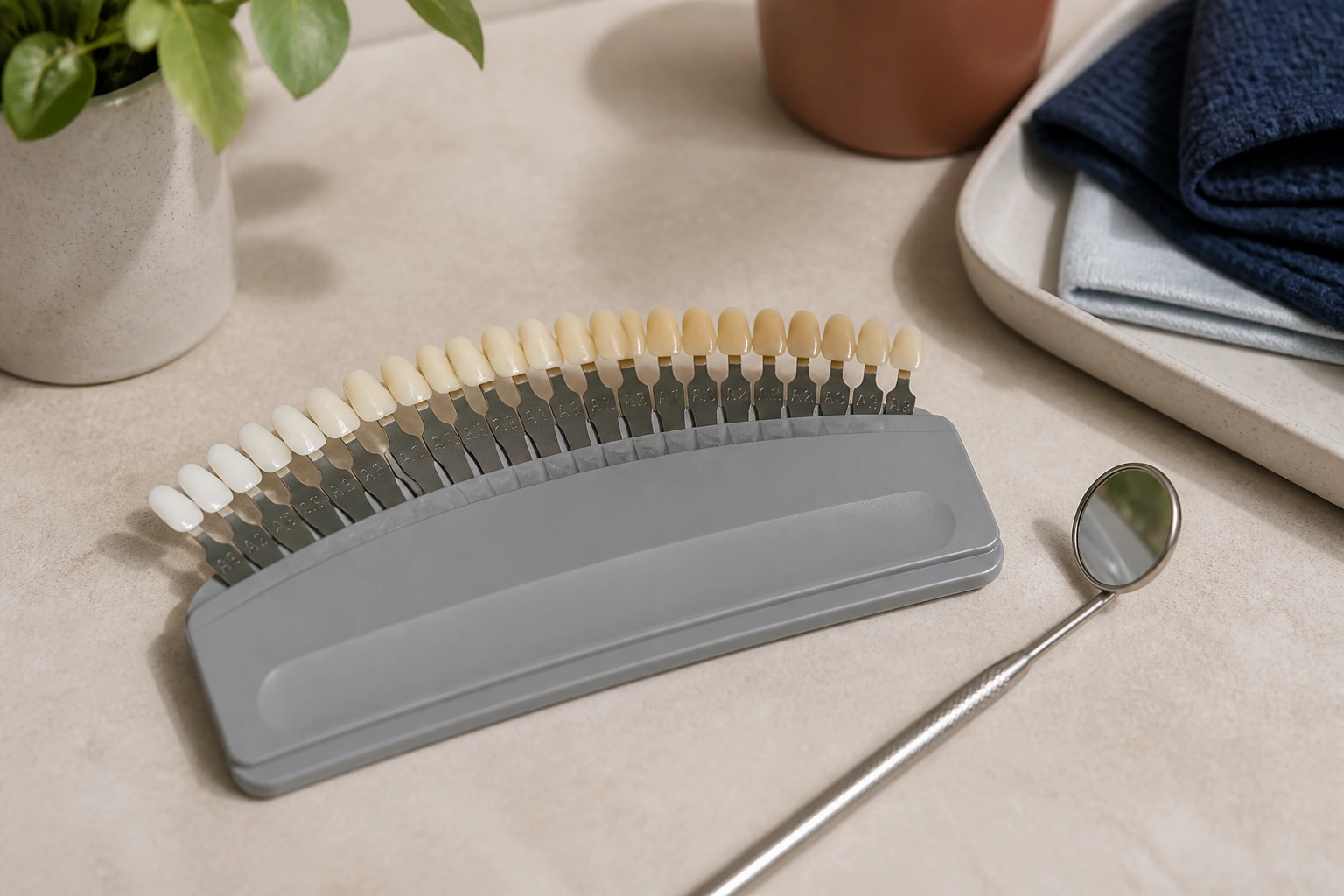 An enamel shade guide fanned across a warm chalk worktop beside a small polished dental mirror.