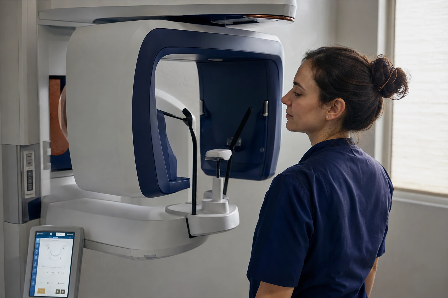 A realistic dental CBCT machine in a quiet neutral imaging room.