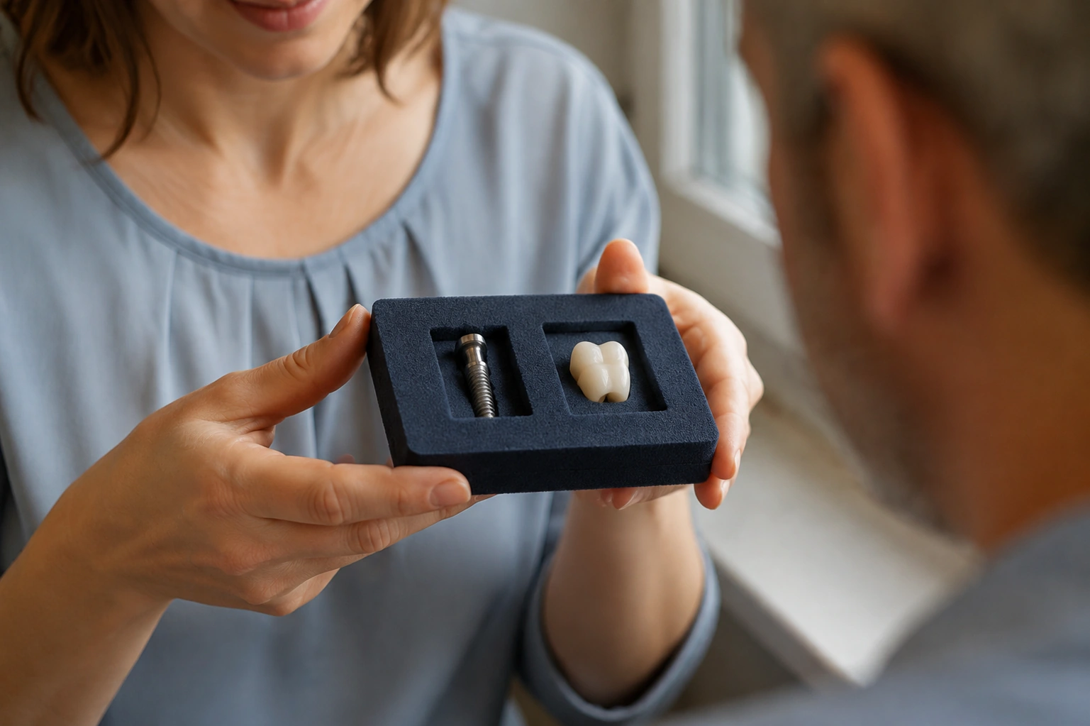 A physical titanium dental implant fixture and a matching ceramic crown placed separately in individual recesses of a foam block.