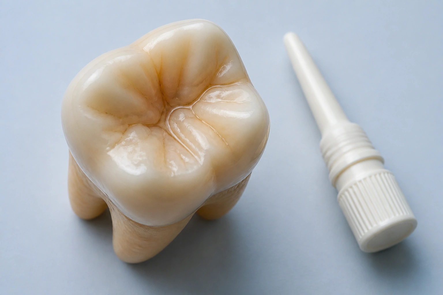 Macro of a single large realistic molar teaching model viewed from above.