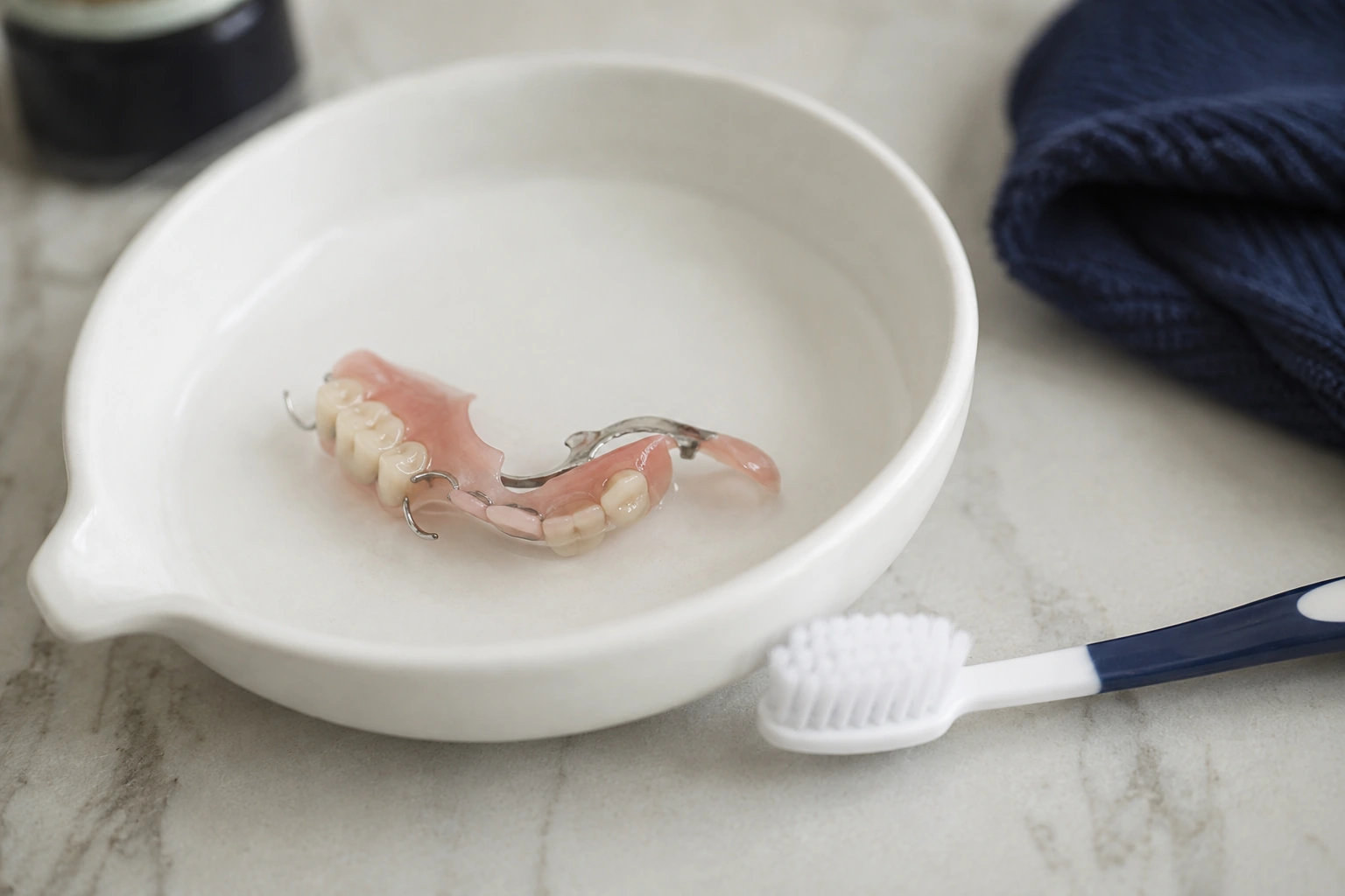 A realistic removable partial denture supported in a shallow white cleaning dish next to a soft denture brush.
