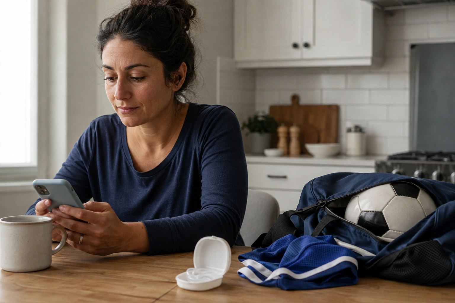 A parent looking calmly at a phone beside a child’s soccer gear and mouthguard case on a kitchen table.