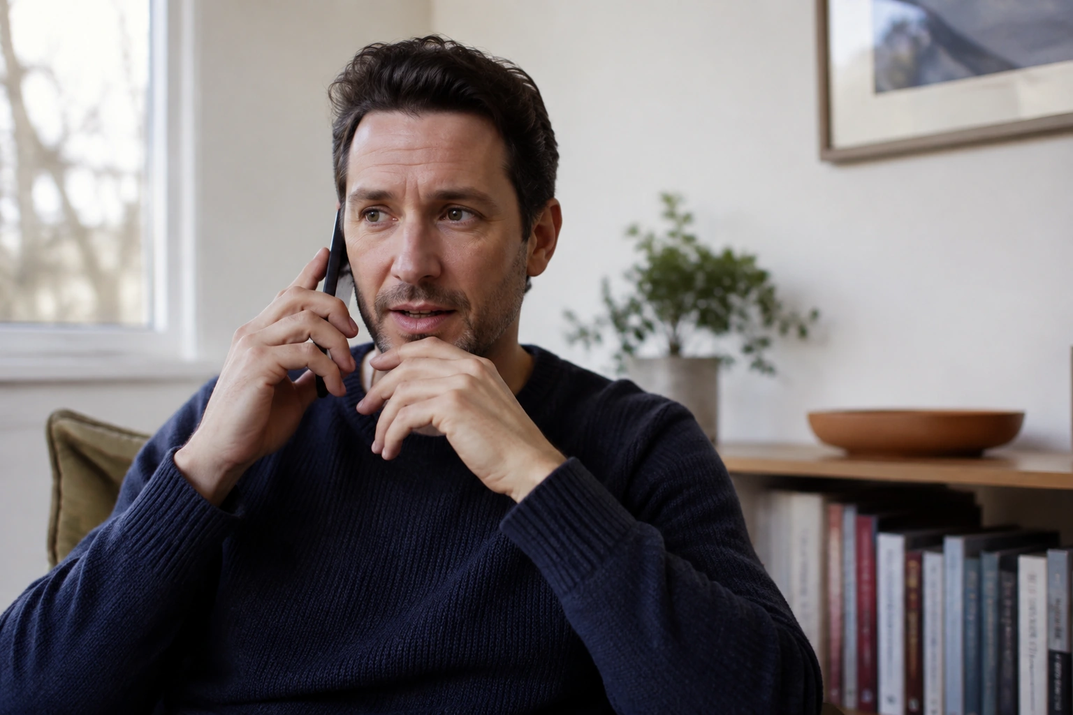 A seated adult man calmly calling the dentist from his living room.