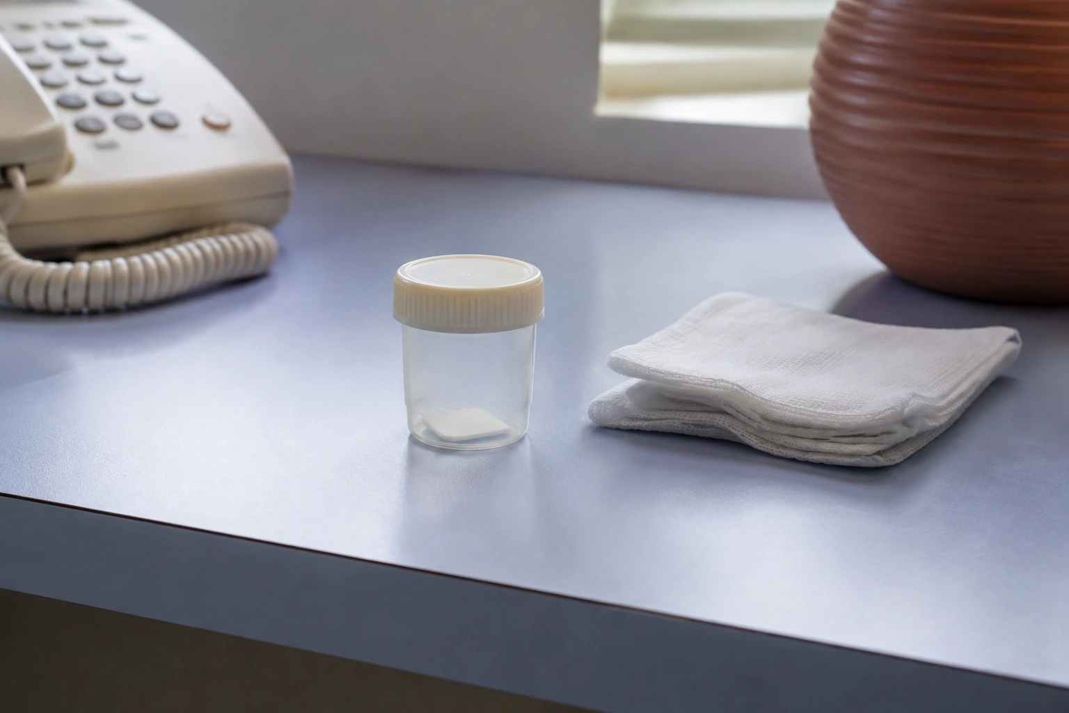 A small capped tooth-preservation container beside folded gauze and a telephone on a pale-blue tabletop.