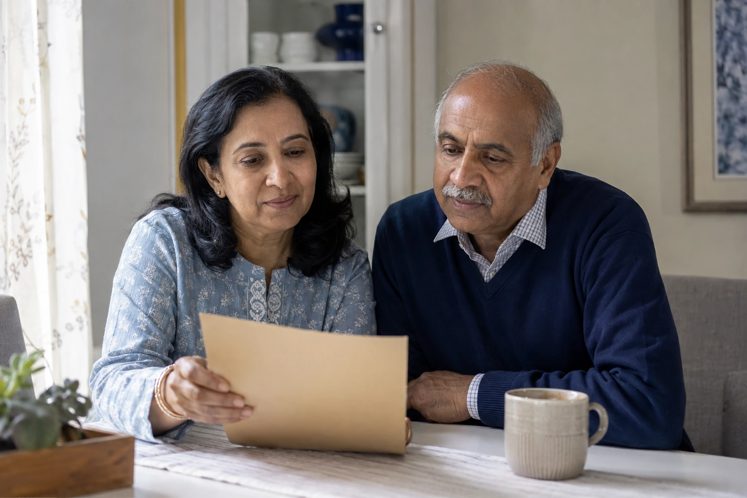 An older South Asian couple reviewing a plain appointment folder at their dining table.