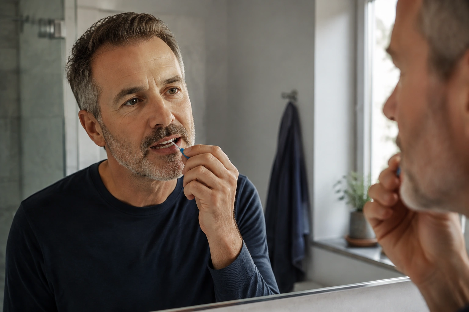 A man in his fifties carefully using an interdental brush at his home bathroom mirror.