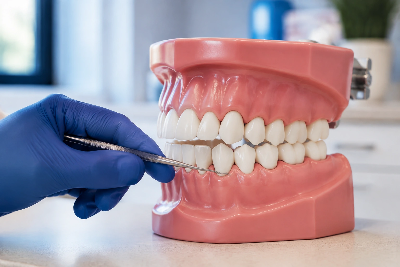A realistic pink gum-and-teeth teaching model with a blue-gloved hand pointing alongside the gumline with a blunt probe.