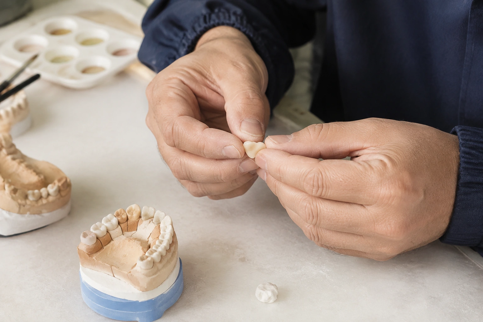 A ceramics technician’s clean hands examining a small tooth-colored onlay over a chalk work surface.