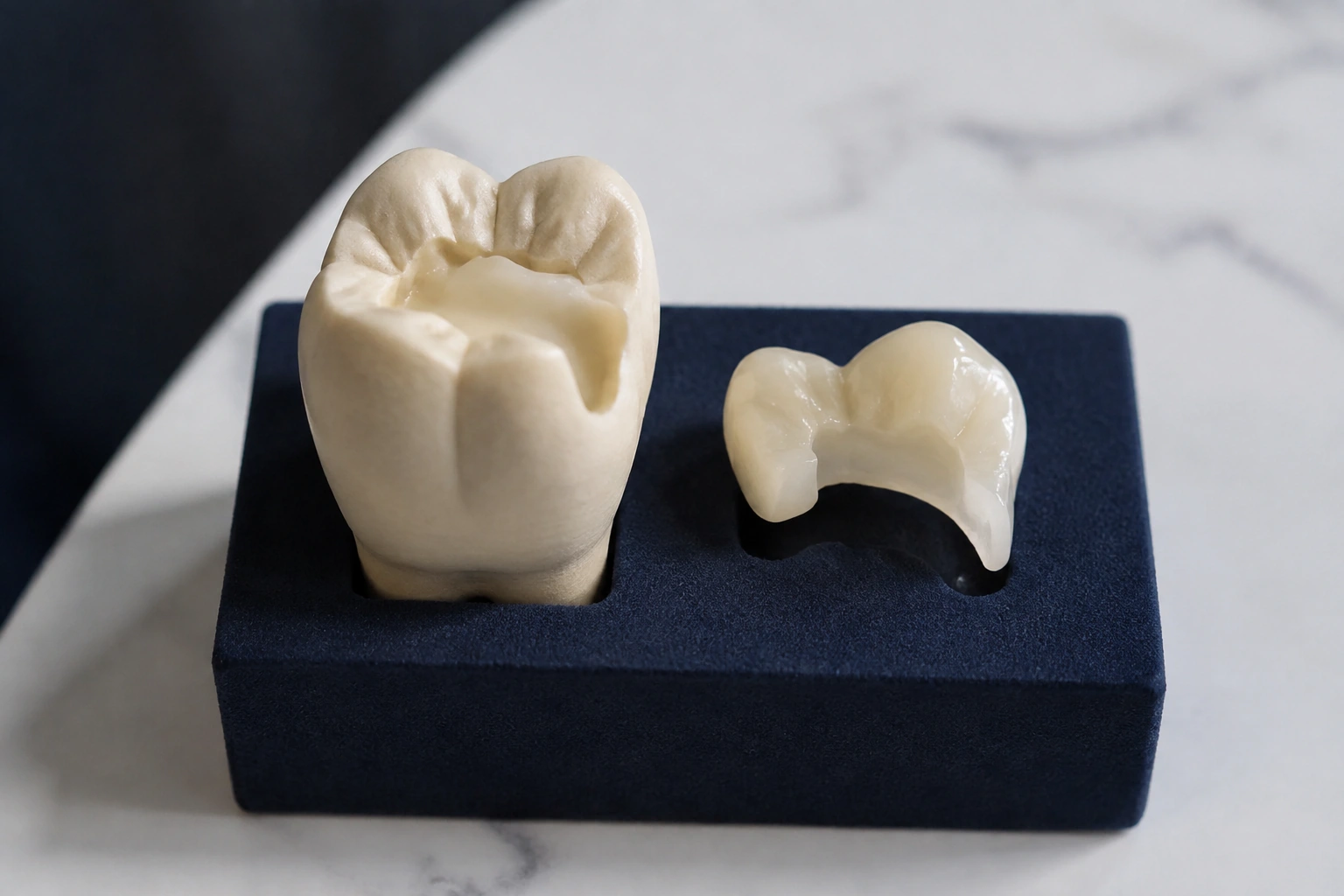 An ivory molar teaching model and a separate matching ceramic onlay seated on a secure foam block.