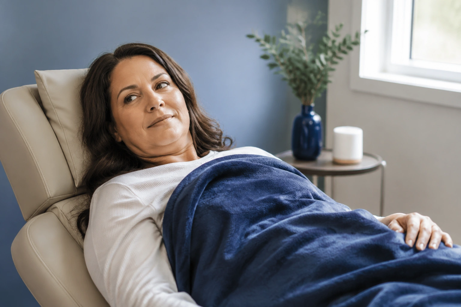 A woman relaxing in a neutral reclining wellness chair under a blue blanket.