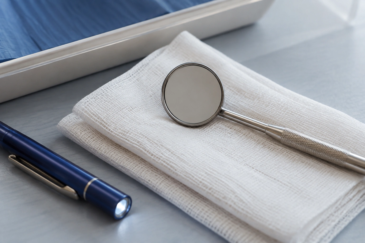 A clean dental examination mirror on folded sterile gauze beside a small penlight.