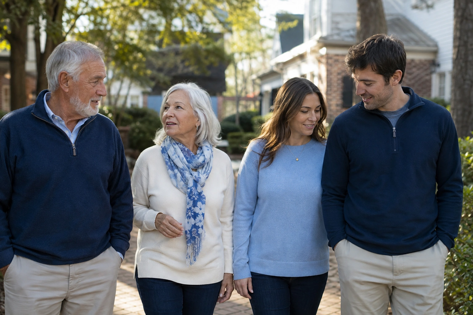 A multigenerational family of four walking together along a residential path.