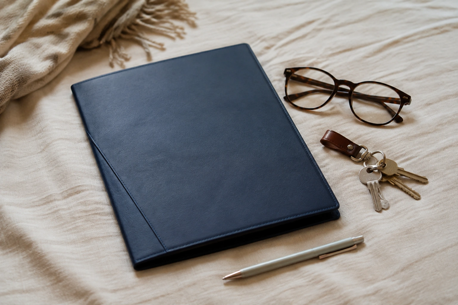 A flat lay of a closed navy appointment folder.
