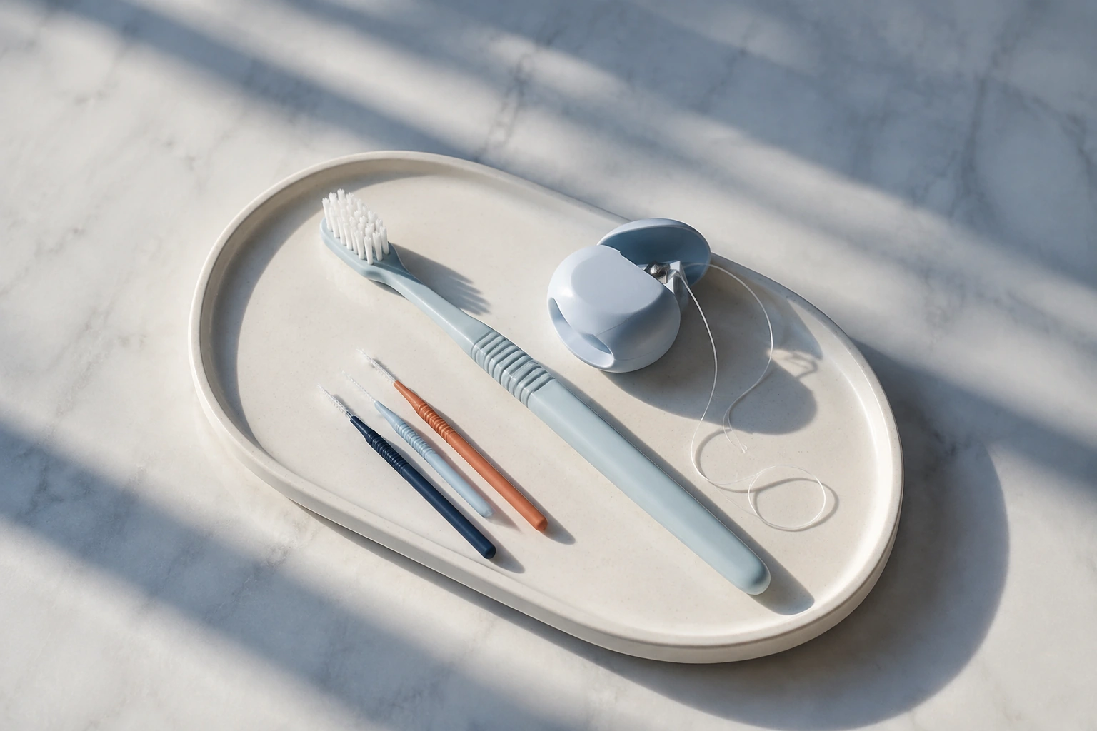 Overhead still life of a soft toothbrush.