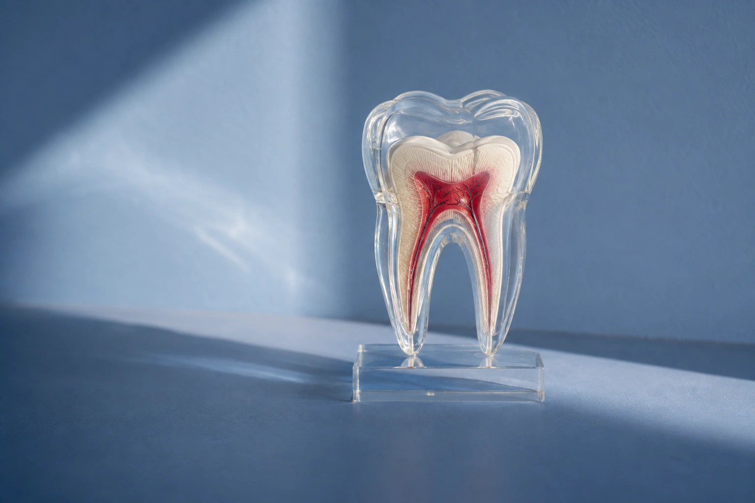 A clear acrylic cutaway molar teaching model with a visible colored pulp chamber supported upright on its own base.