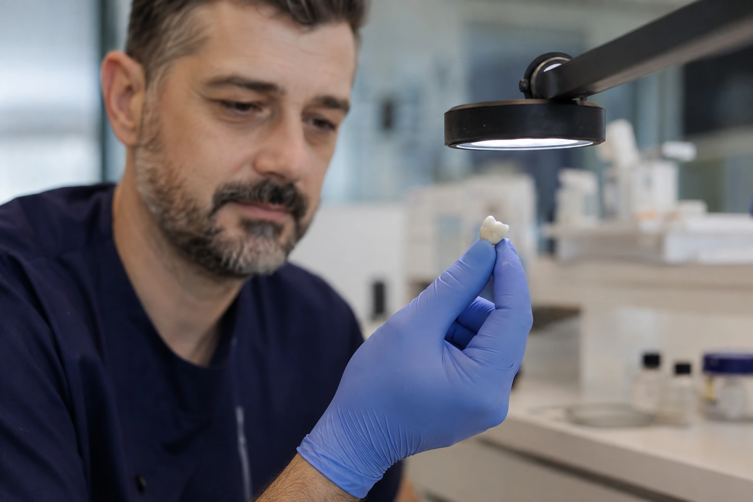 A dental laboratory technician in navy examining a single ceramic crown under a small bench light.