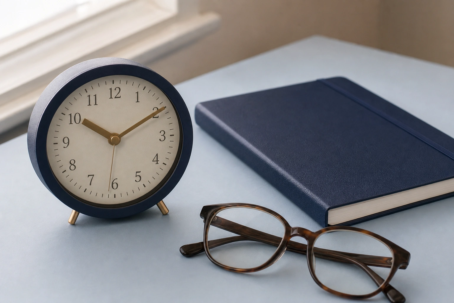 An analog clock beside a closed navy planner and a pair of reading glasses on a pale blue desk.