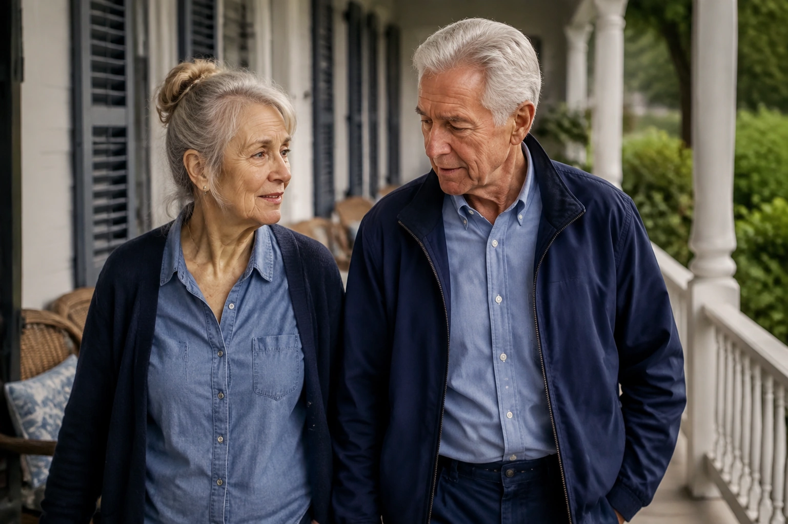 An older couple in their late sixties walking together along their front porch.