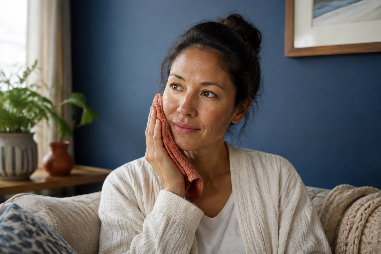 A woman sitting comfortably at home with a warm folded cloth held gently against the side of her jaw.