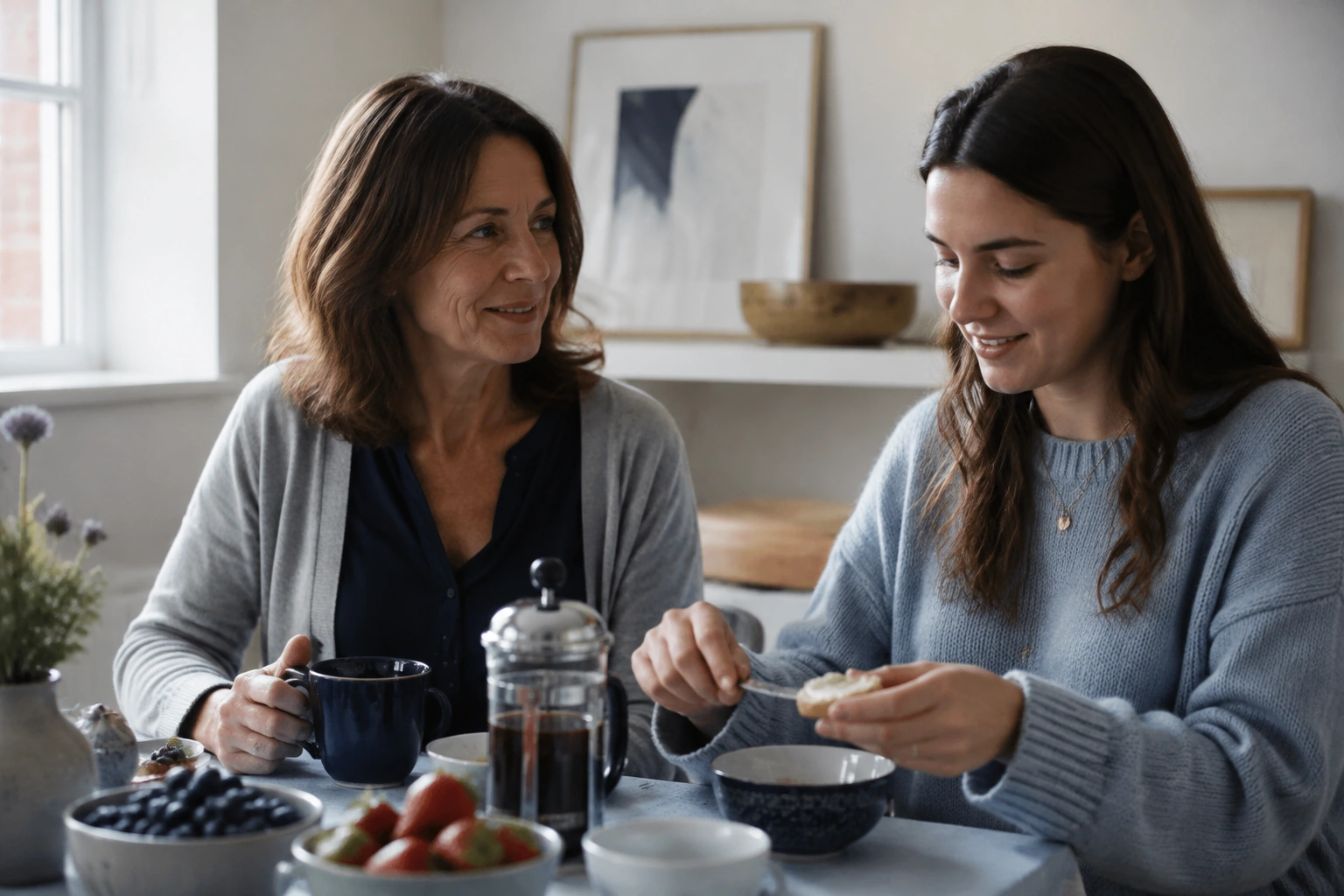 A parent enjoying a quiet breakfast with an adult daughter.