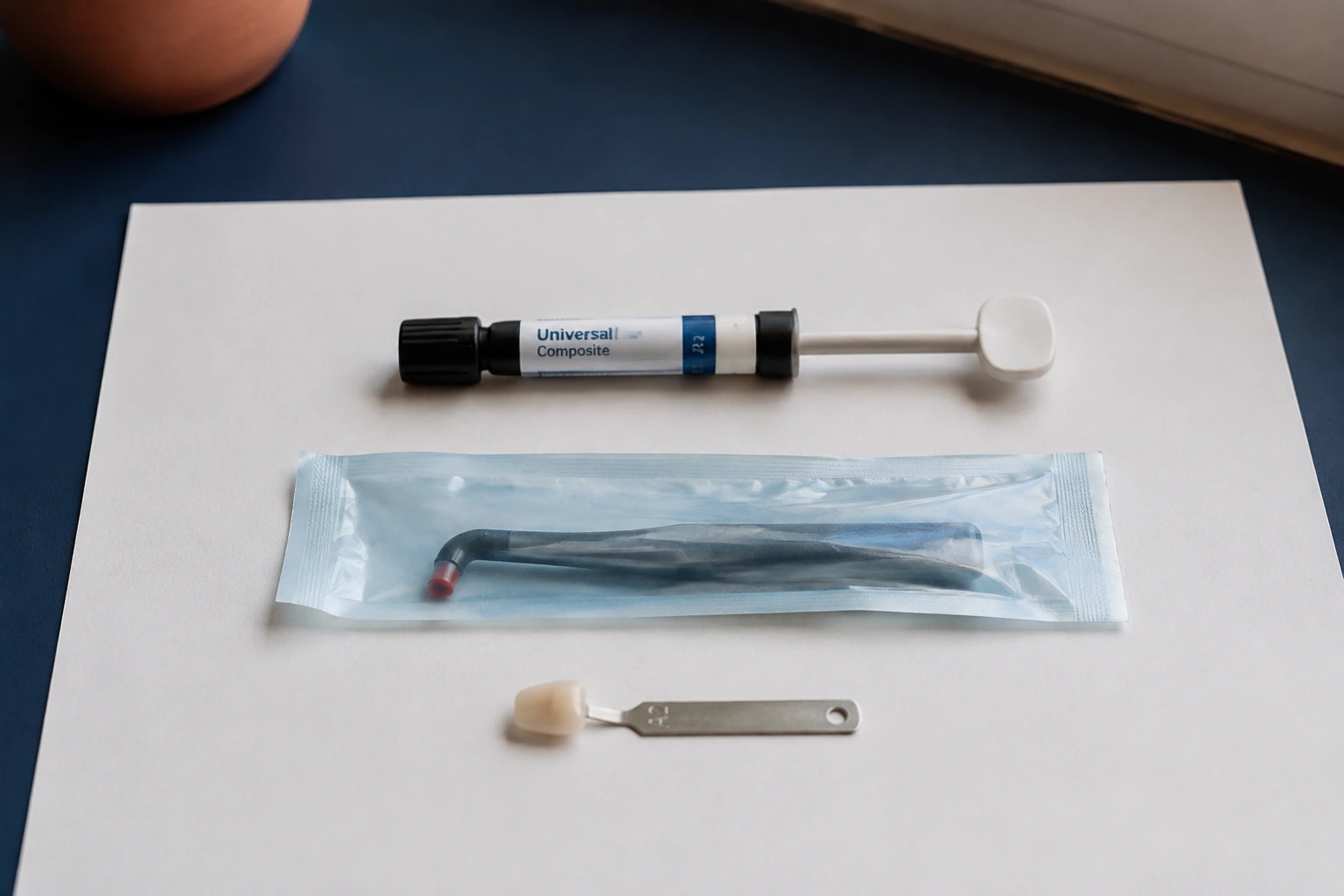 A capped composite syringe beside a sealed curing-light sleeve and a single tooth shade tab on chalk paper.