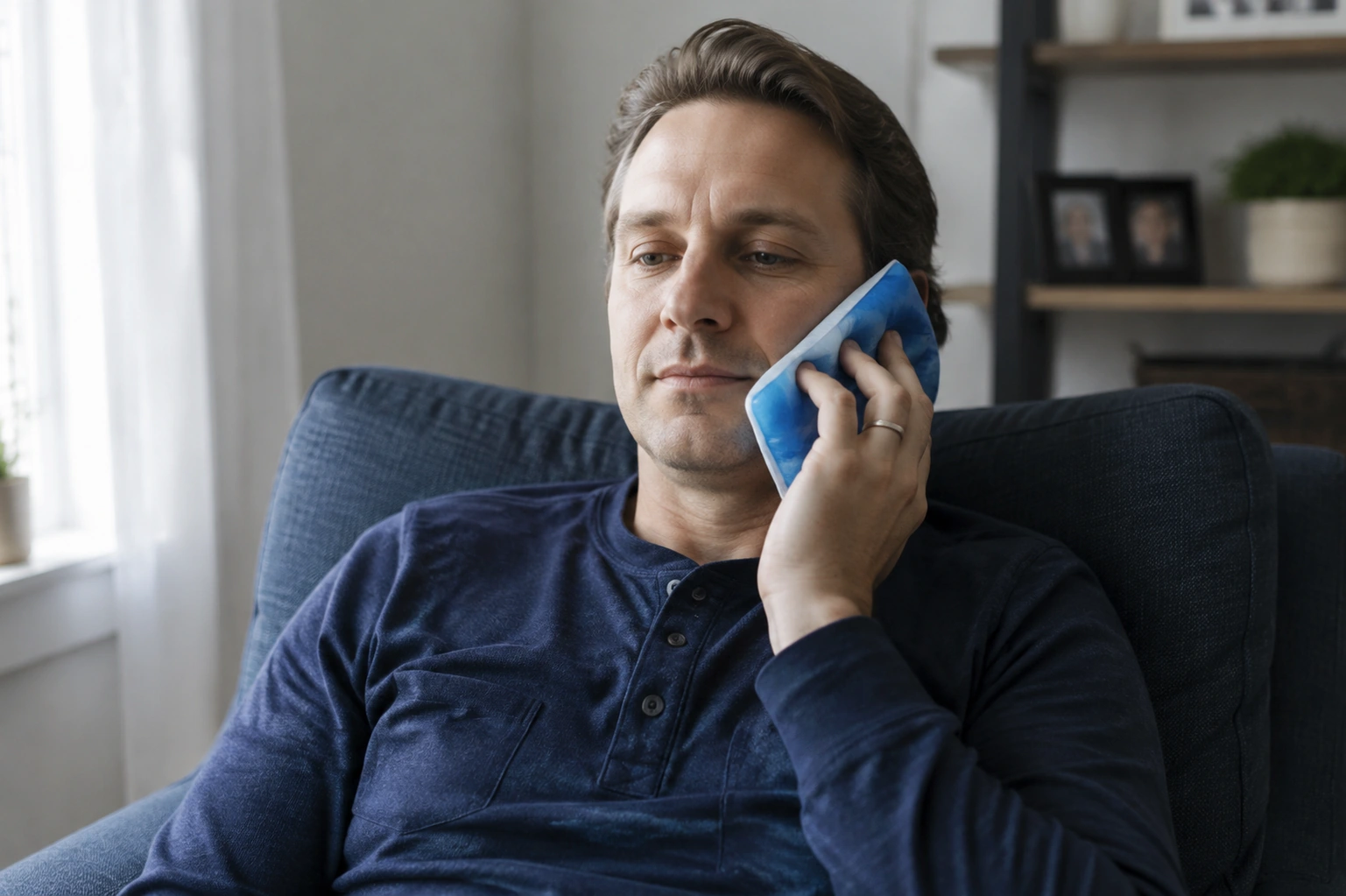 A man resting comfortably in an armchair at home with a cool wrapped pack lightly against his cheek.