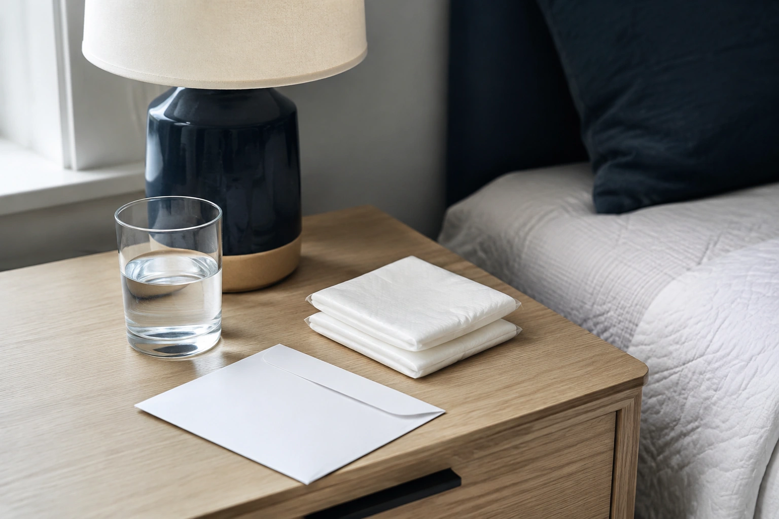 Folded sterile gauze packets beside a cup of cool water and a plain aftercare envelope on a clean bedside table.