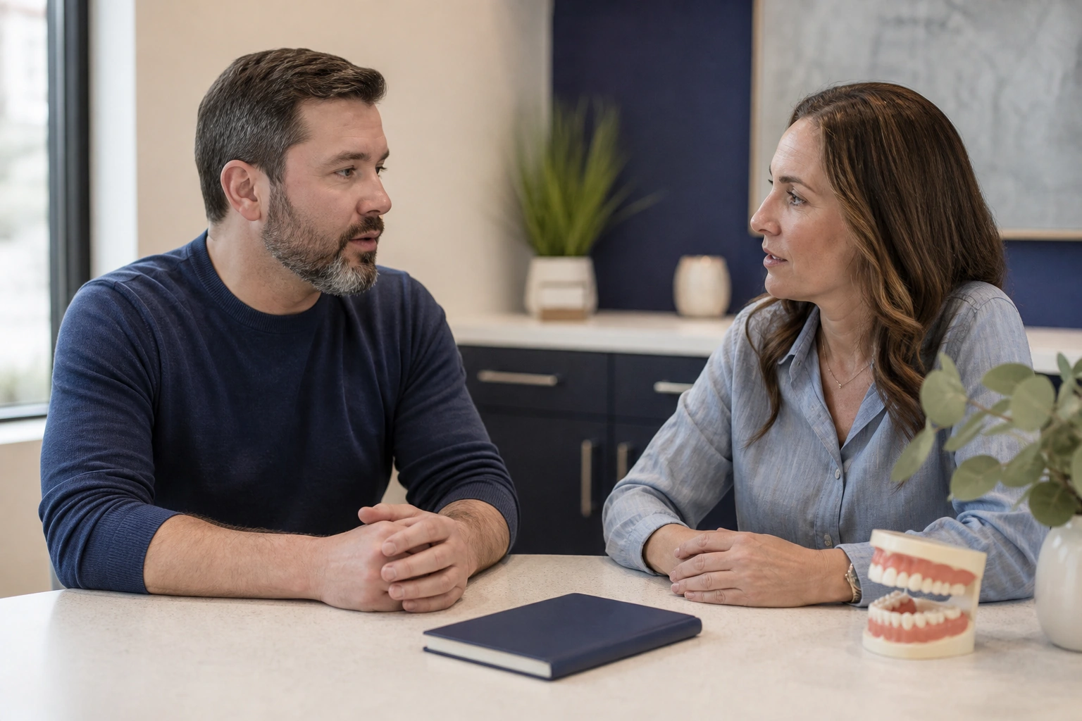 A man and woman in conversation across a consultation table.
