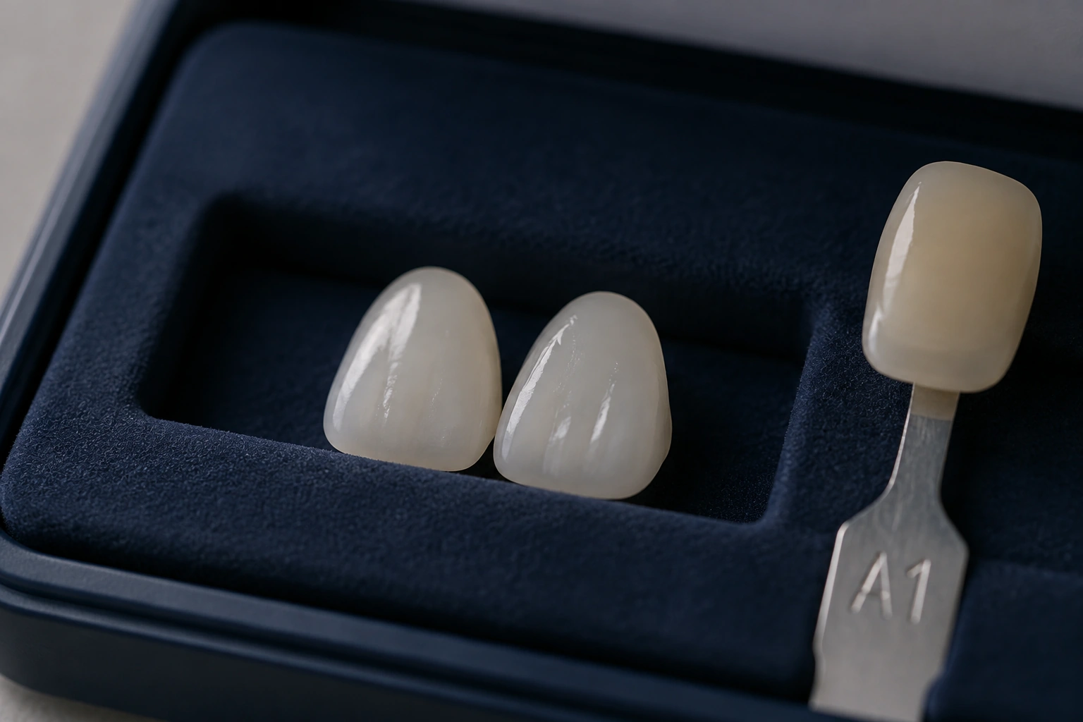 Two thin porcelain veneer shells resting securely in a small foam-lined tray beside an enamel shade tab.