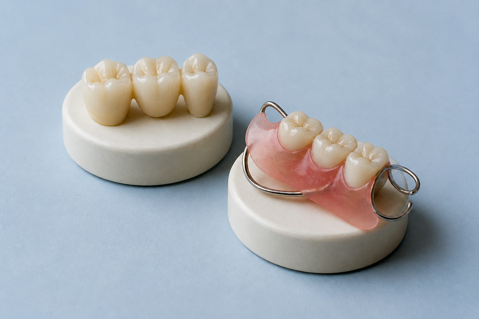 A realistic short bridge teaching sample and a partial denture on separate small ceramic plinths.