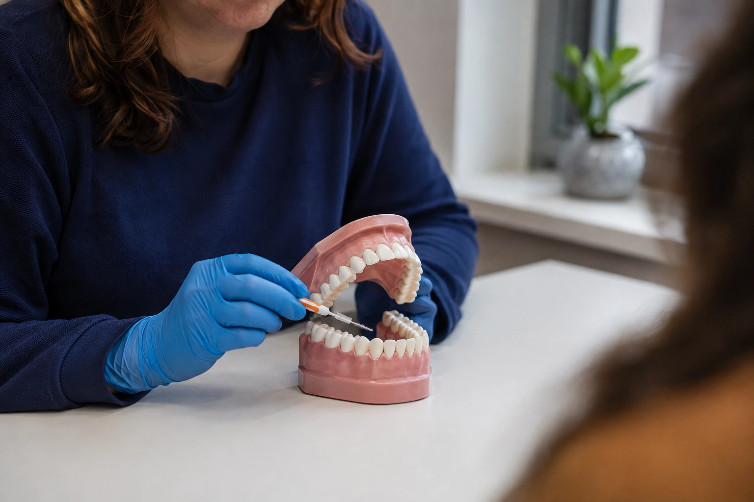 A blue-gloved hand using a small interdental brush beside a life-size dental teaching model on a white table.