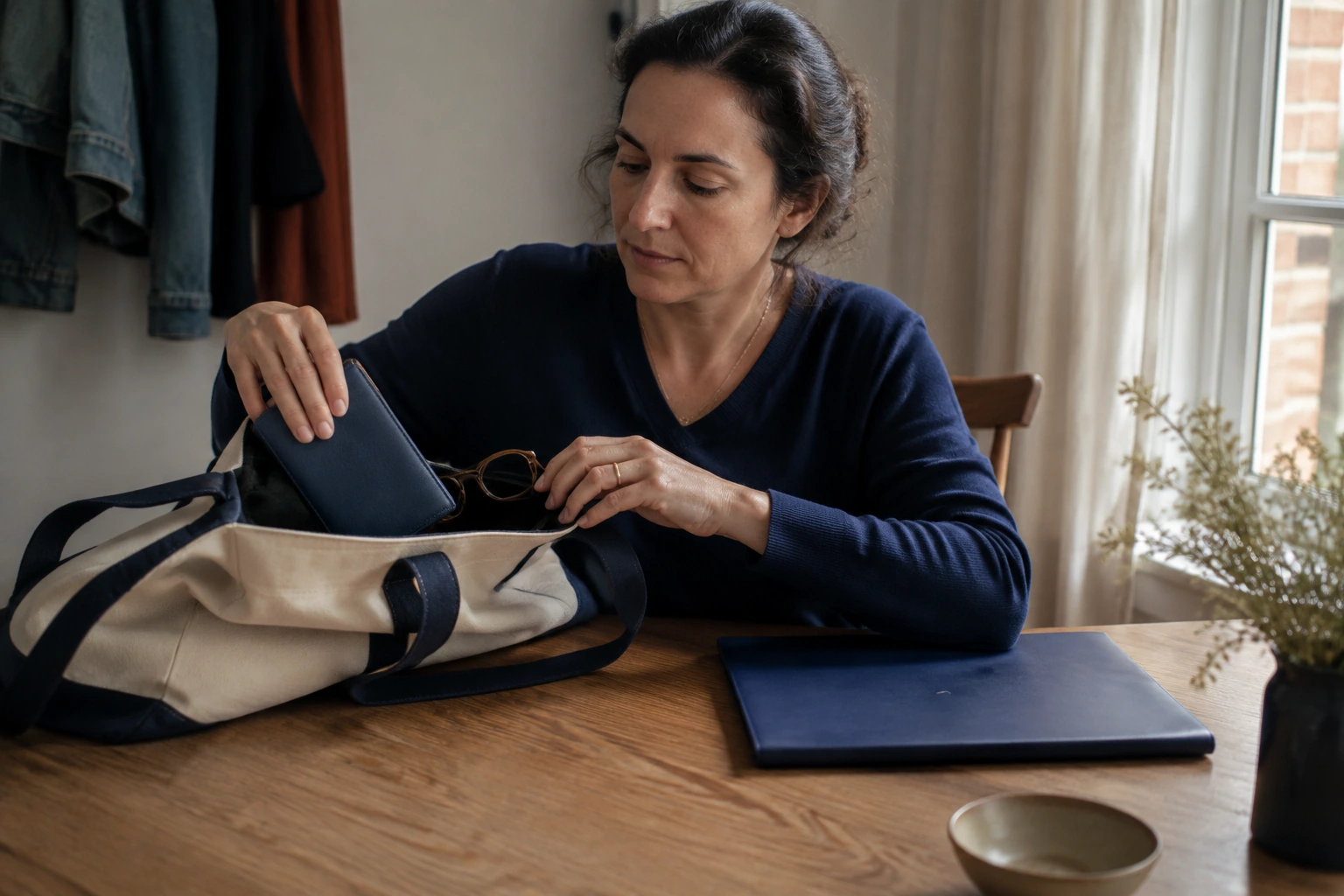 An adult woman setting a wallet and glasses into a tote beside a closed blue folder.